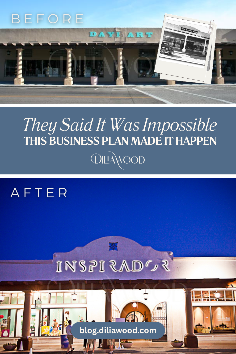 Before and after of the O.S. Stapley Hardware Building transformation at 63 East Boston Street in Chandler, Arizona—originally a storage facility, restored into Inspirador, an award-winning event venue developed by Dilia Wood.