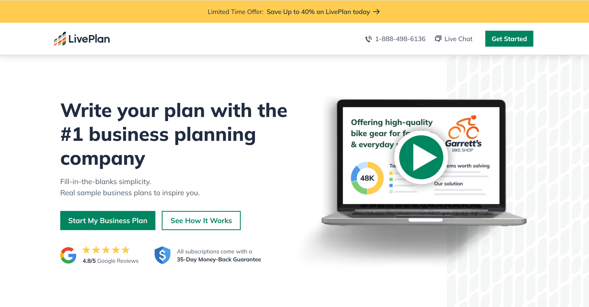 Image of LivePlan Business Planning software. "Write your plan with the #1 business planning company. Fill-in-the-blanks simplicity. Real sample business plans to inspire you."
