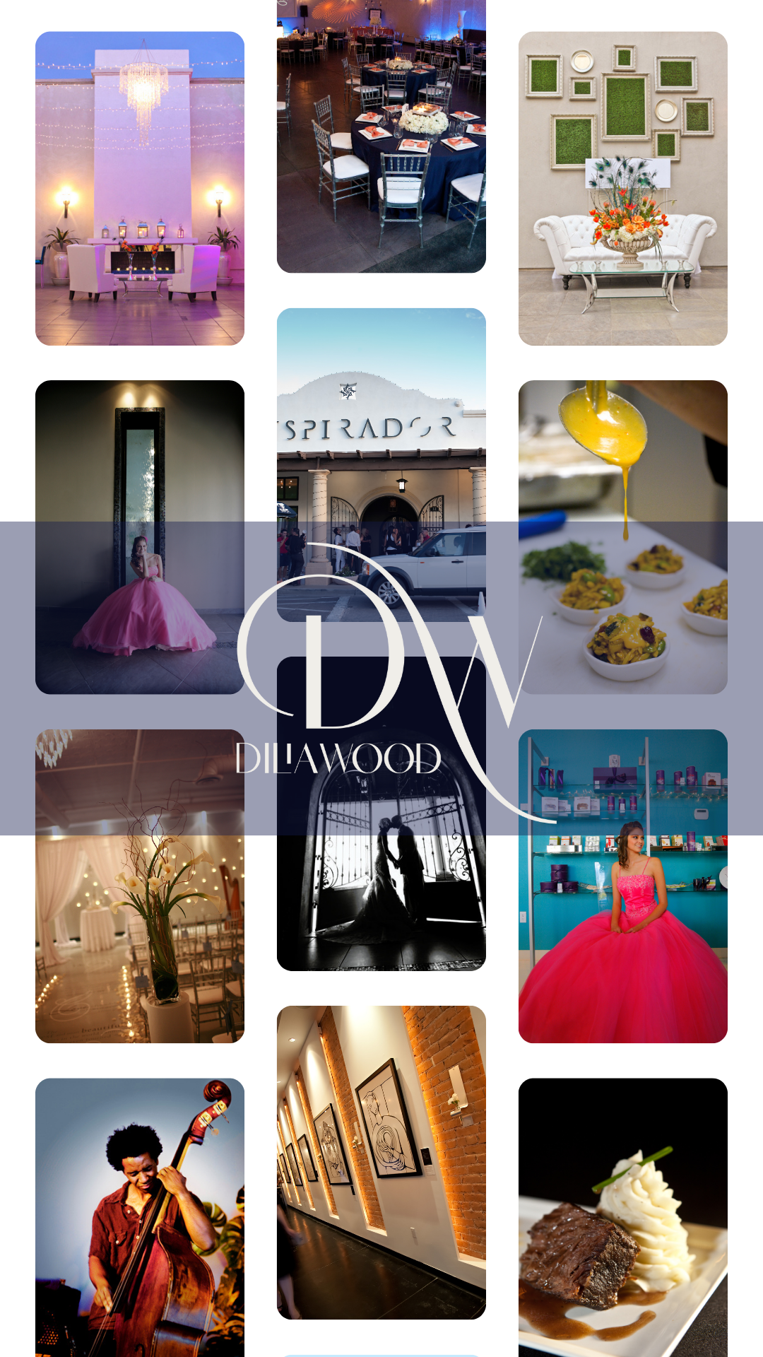 Collage of interior shots from Inspirador, a restored Spanish Colonial Revival event venue in Chandler, Arizona—featuring modern finishes within a preserved historic structure.