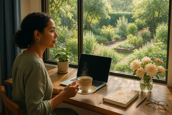 Female founder at her sunlit desk, planning her business strategy with a peaceful garden view.